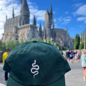 Puede incluir: Una gorra de béisbol verde oscuro con un diseño de serpiente bordada en blanco. La gorra está enfocada, con un fondo borroso de un castillo.