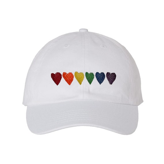 New Custom Designed White Distressed Baseball Cap w Embroidered Rainbow Hearts Custom Hat | DISTRESSED Baseball Cap OR Ponytail Hat  main image 4
