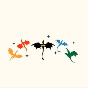 May include: A graphic illustration featuring five stylized dragon silhouettes in orange, red, black, blue, and green, arranged in a horizontal arc. Small four-pointed star shapes are interspersed between the dragons against a plain background.