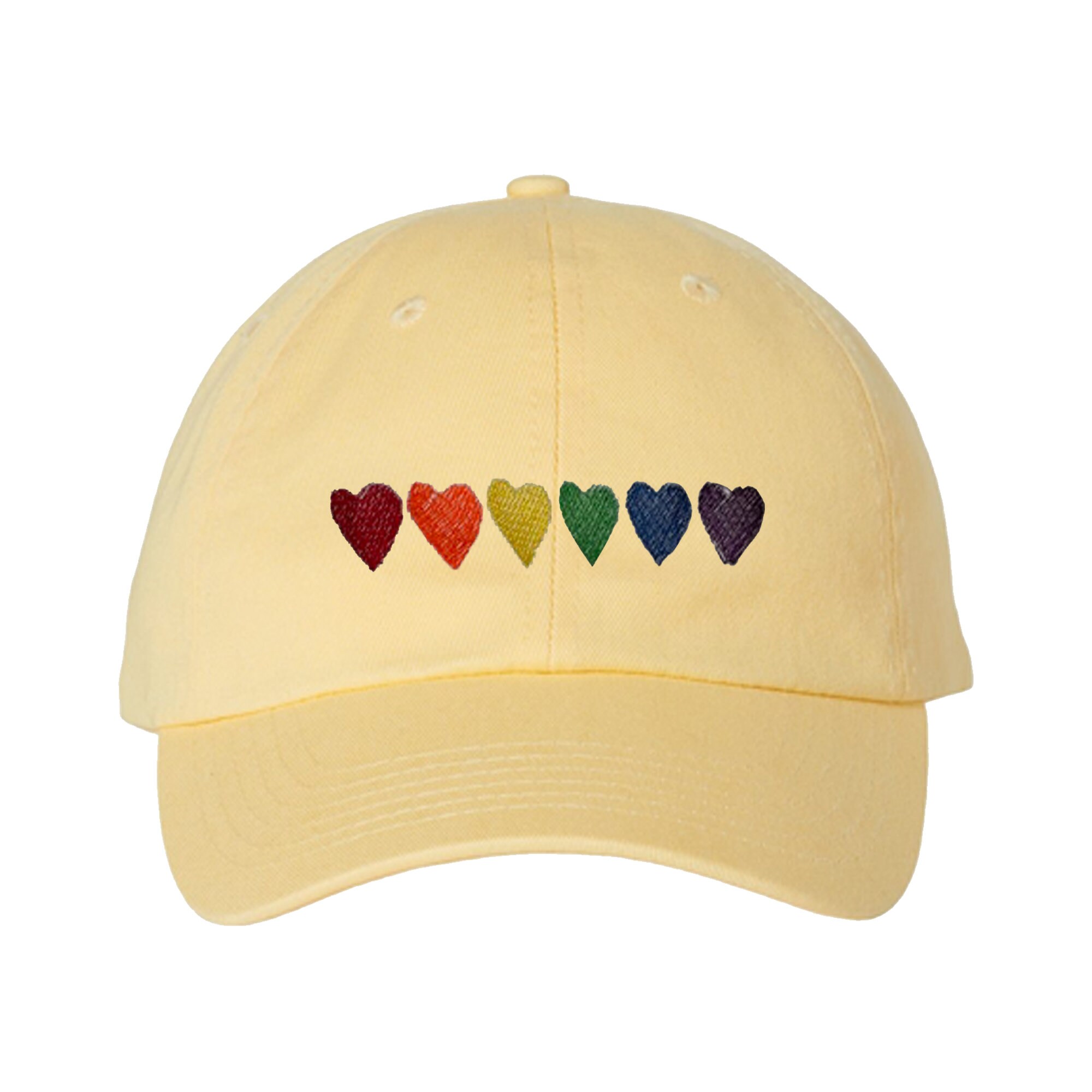 New Custom Designed White Distressed Baseball Cap w Embroidered Rainbow Hearts Custom Hat | DISTRESSED Baseball Cap OR Ponytail Hat  main image 2