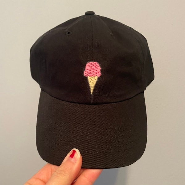 Ice Cream Cone Hand Embroidered on Dad Hat Cute Baseball Cap Embroidery | Ball Cap for Spring and Summer