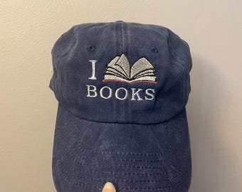 Embroidered 'I Love Books' / 'I Read Books' Denim Cap: Bookish Gift