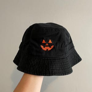 Jack O Lantern Pumpkin Hand Embroidered Bucket Hat | Carved Pumpkin Festive Halloween Accessory | Budget Friendly Machine Embroidery Option