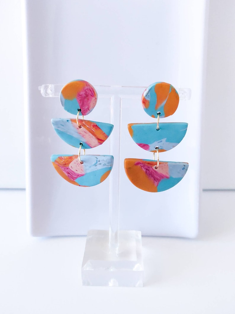 Multicolored Polymer Clay Earrings Semicircle Design Gift For Her Statement Earrings