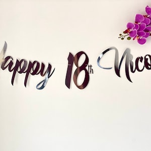 Black Personalised Happy 18th Birthday Banner.  Custom party decoration. All ages 21, 40, 60. In Rose Gold, Silver, Gold and glitter.