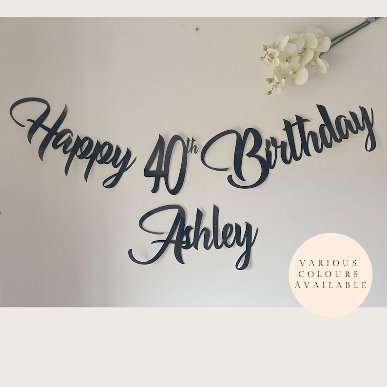 Personalised Happy 40th Birthday Banner. Birthday bunting any age, 18, 21, 40, 60. Party Decoration Gold, Silver, Rose Gold, Glitter image 1