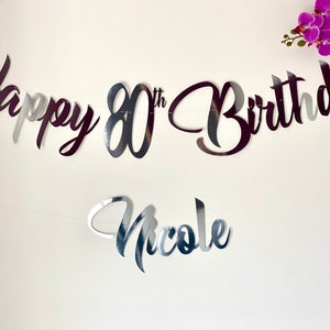 Personalised Happy 80th Birthday Banner. Custom banner for all ages 1st, 18, 21, 80 in Gold, Silver, Rose Gold, Black and Glitter