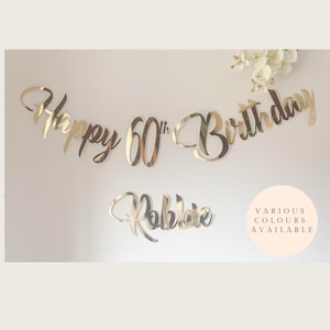 Personalised Happy 60th Birthday Bunting.  Custom banner. Any age 1, 18, 21, 40, 60 in Gold, Silver, Rose Gold, Black and Glitter