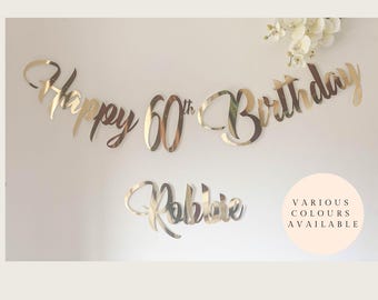 Personalised Happy 60th Birthday Bunting.  Custom banner. Any age 1, 18, 21, 40, 60 in Gold, Silver, Rose Gold, Black and Glitter
