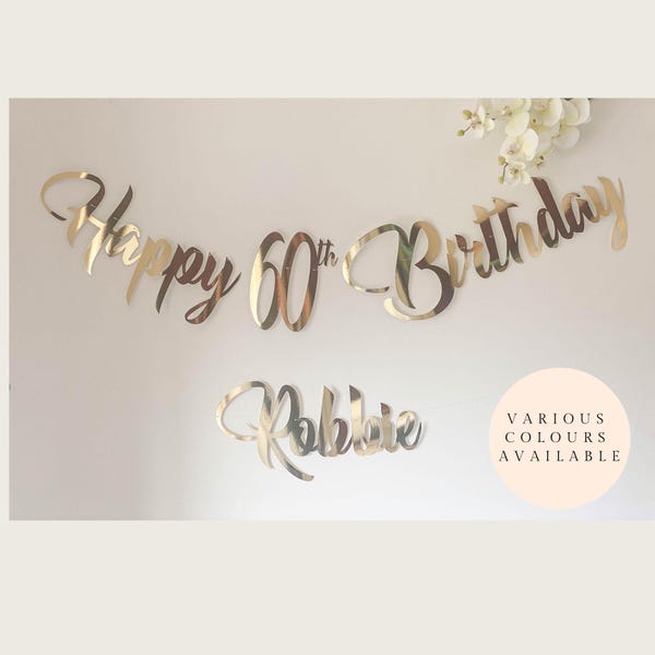 Personalised Happy 60th Birthday Bunting.  Custom banner. Any age 1, 18, 21, 40, 60 in Gold, Silver, Rose Gold, Black and Glitter