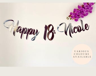 Black Personalised Happy 18th Birthday Banner.  Custom party decoration. All ages 21, 40, 60. In Rose Gold, Silver, Gold and glitter.