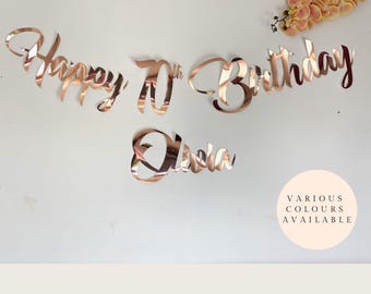 Personalised Happy 70th Birthday Banner Party Decoration.  Custom banner any age 16, 21, 60.  Gold, Silver, Rose Gold, Black and Glitter.