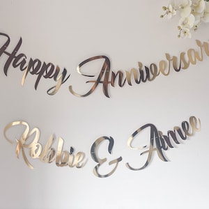 Personalised Happy Anniversary Banner.  Custom anniversary party decor in gold, silver, rose gold and glitter finish.