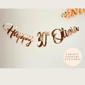 Rose Gold Personalised Happy 30th Birthday Banner.  Custom birthday banner in rose gold, gold, silver, black and glitter.