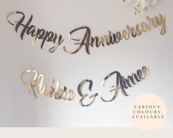 Personalised Happy Anniversary Banner.  Custom anniversary party decor in gold, silver, rose gold and glitter finish.