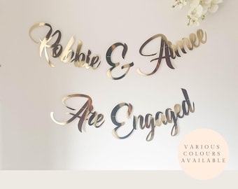 Personalised Engagement Banner Party Decoration. Custom 'Engaged' banner in Gold, Silver, Rose Gold and Glitter