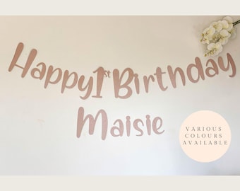 Personalised Happy 1st Birthday Banner. Custom party decoration. Any age 1st 2nd, 3rd, 4th, 5th. Rose Gold, Silver, Pink, Blue & Glitter