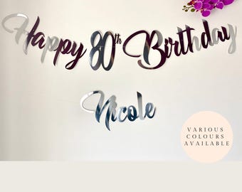 Personalised Happy 80th Birthday Banner. Custom banner for all ages 1st, 18, 21, 80 in Gold, Silver, Rose Gold, Black and Glitter