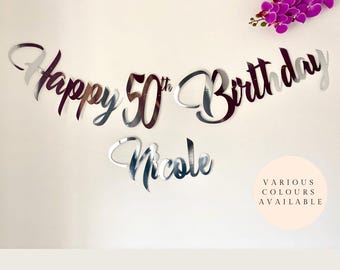 Personalised Happy 50th Birthday Banner. Party bunting all ages 1, 18, 21, 50 & names. Custom banner Gold, Silver, Rose Gold, Black, Glitter
