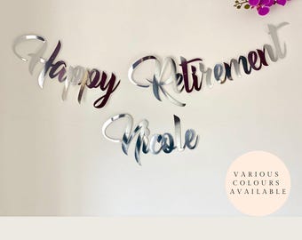 Personalised Happy Retirement Banner Party Decoration. Custom banner in Gold, Silver, Rose Gold, Black and Glitter