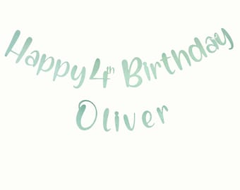 Personalised Happy 4th Birthday Banner. Party Decoration. Custom banner. Pink, Blue, Silver, Gold & Rose Gold