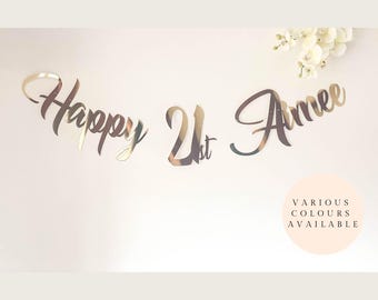 Gold Personalised Happy 21st Birthday Banner.  16, 18, 21, 30, 40. Custom party decoration in gold, rose gold, silver, black and glitter.