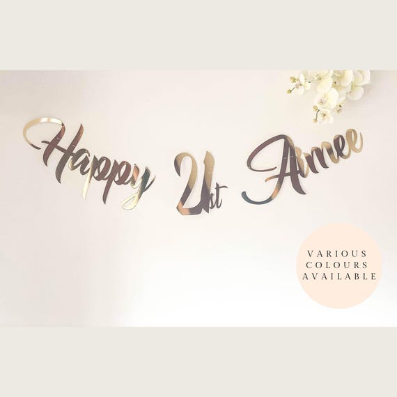 Gold Personalised Happy 21st Birthday Banner.  16, 18, 21, 30, 40. Custom party decoration in gold, rose gold, silver, black and glitter.