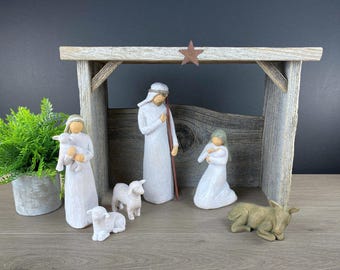 D08 FLAT ROOF Barn Wood Cedar Large Nativity Rustic Shed Stable Creche Willow Tree Holy Family Figurines Not Included