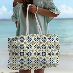 Travel Oversized Tote Bag Mediterranean Pattern Design Vacation Pool Beach Bag Gift For Her Summer Essentials Girls Trip Honeymoon Carryall