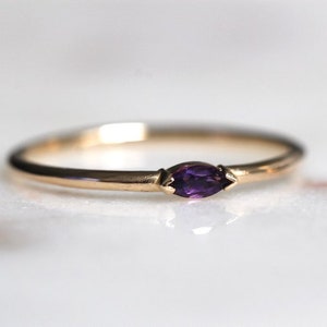 10K Gold Marquise Amethyst Ring, Promise Ring, Stacking Ring, Wink Ring, Midi Ring, Dainty Ring, Purple Stone Ring, February Birthstone image 1