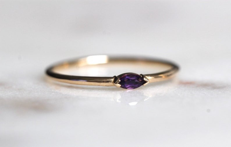 10K Gold Marquise Amethyst Ring, Promise Ring, Stacking Ring, Wink Ring, Midi Ring, Dainty Ring, Purple Stone Ring, February Birthstone image 1