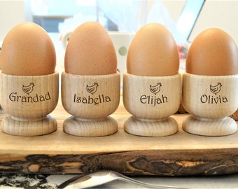 Set of 4 Personalised Wooden Egg Cup Holders - Engraved with a Name (Hen Design). Hard or Soft Boiled Eggs. Ideal Gift for Birthday