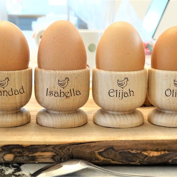 Set of 4 Personalised Wooden Egg Cup Holders - Engraved with a Name (Hen Design). Hard or Soft Boiled Eggs. Ideal Gift for Birthday