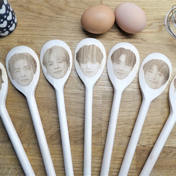 BTS Korean Pop Band's Faces Engraved on Wooden Spoons (30cm). Jin, Suga, J-Hope, RM, Jimin, V, and Jungkook. AKA Bulletproof Boy Scouts.