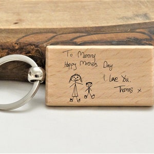 Personalised Child's Message Engraved Keyring - Child's Handwritten Message & Drawing on Rectangle Solid Wood