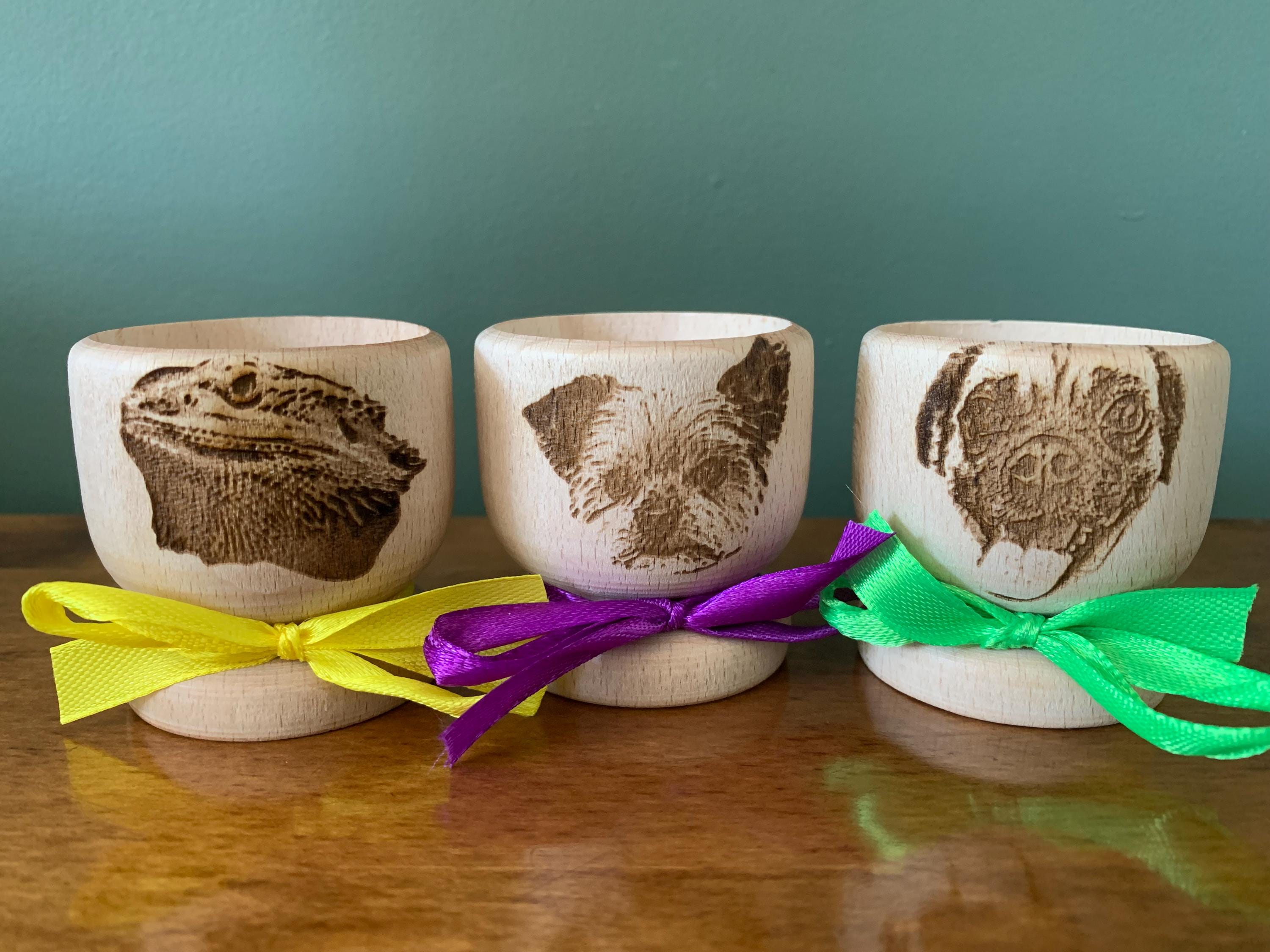 Pet's Face Engraved on Wooden Egg Cups, Cat Dog Rabbit Horse Guinea Pig Hamster, Unique Gift for Friends Family