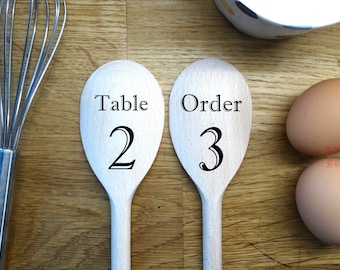 Café & Restaurant Table Order Number, Engraved on a Wooden Spoon (30cm). Personalise with Both the Table Number and Name of Business