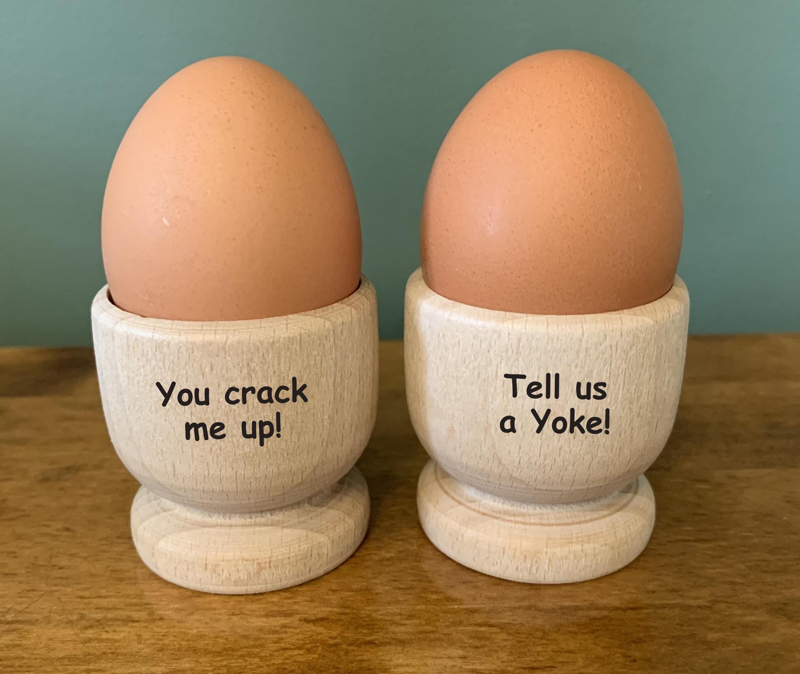 Set of 4 Wooden Egg Cups Engraved with a Funny Message. Gift Idea For Wife, Husband, Family