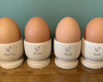 Set of 4 Personalised Wooden Egg Cups- Engraved with a Name and Hen. Hard or Soft Boiled Eggs. Gift for family, Birthday, Easter, Christmas