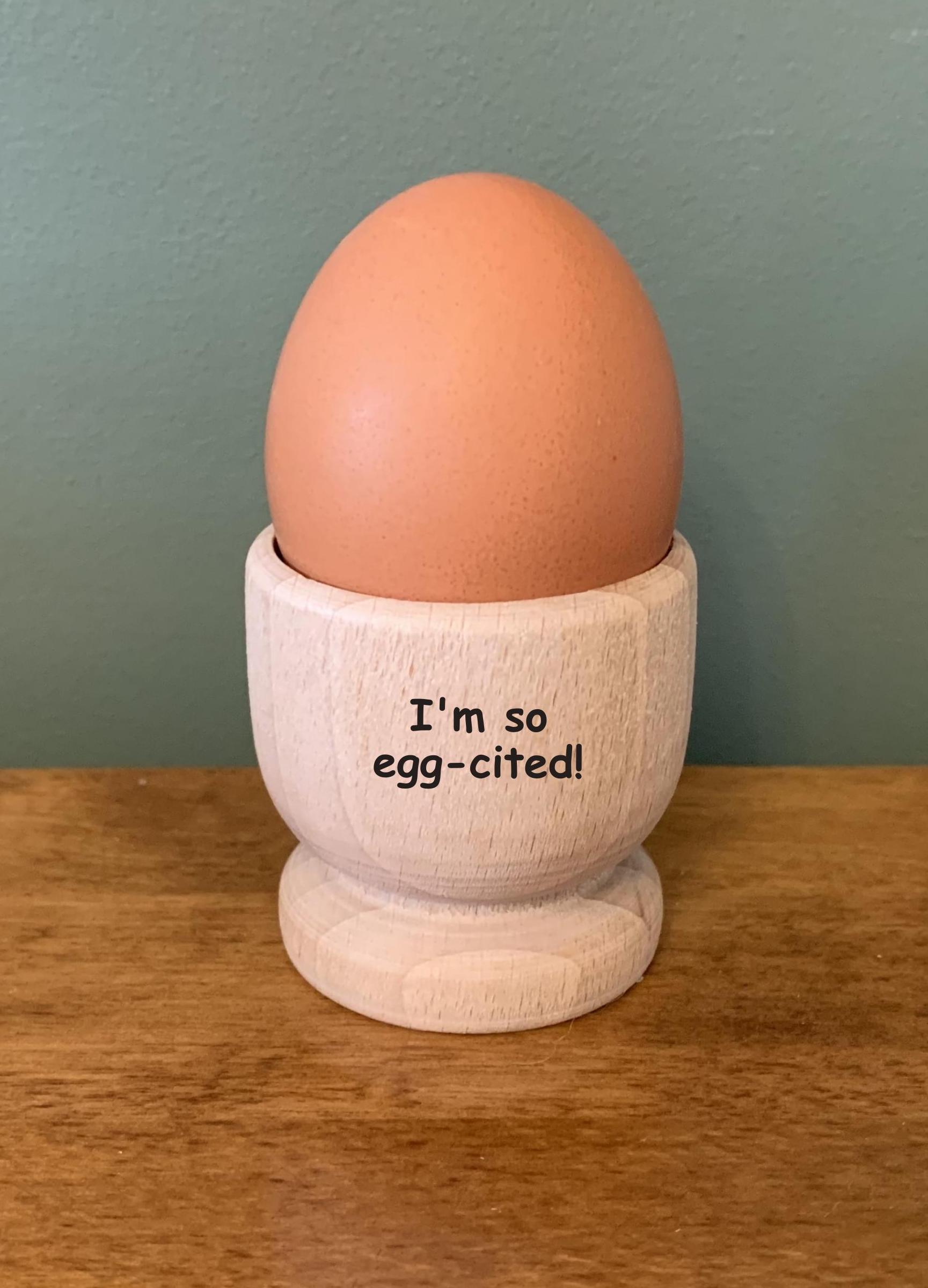 Set of 4 Wooden Egg Cups Engraved with a Funny Message. Gift Idea For Wife, Husband, Family