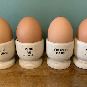 Set of 4 Wooden Egg Cups Engraved with a Funny Message. Family Set. Birthday, Easter, Christmas, Mother&#39;s/ Father&#39;s Day Gift