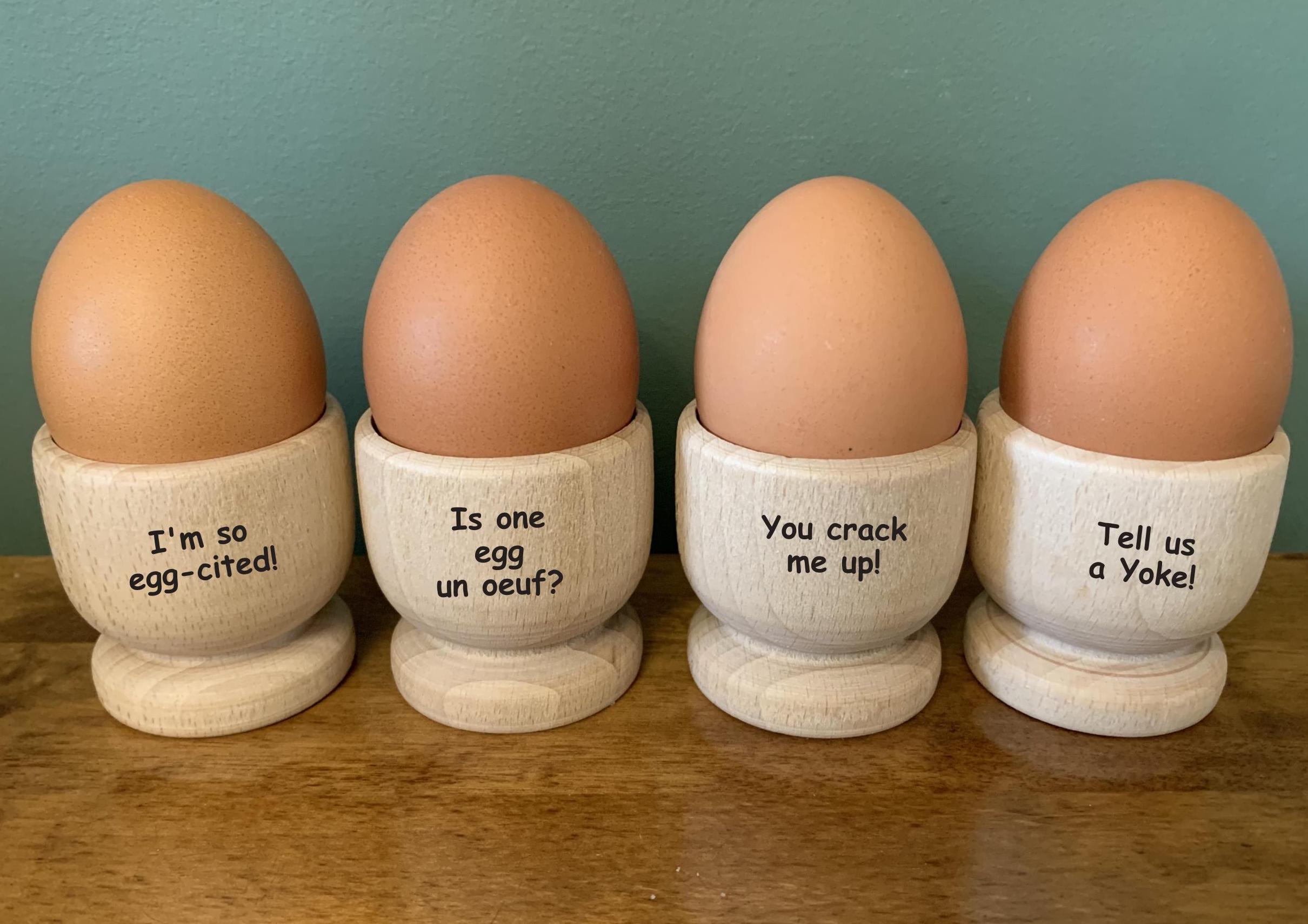Set of 4 Wooden Egg Cups Engraved with a Funny Message. Gift Idea For Wife, Husband, Family