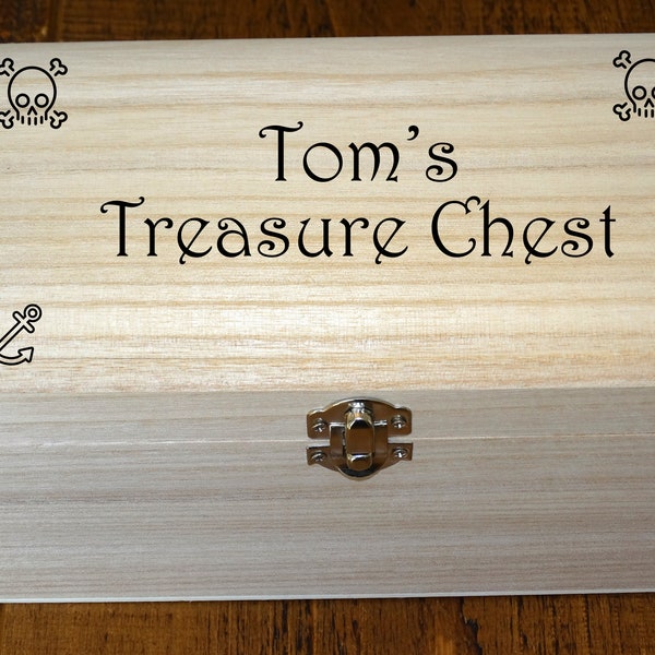 Personalised Wooden Treasure Chest (Larger) - Pirate Design and Engraved with a Name