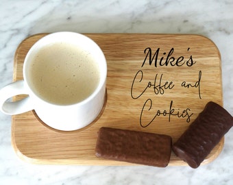 Beautifully Personalised Serving Board for Tea and Biscuits, Coffee and Cookies, Milk and Muffins. Engraved Wooden Gift. Named