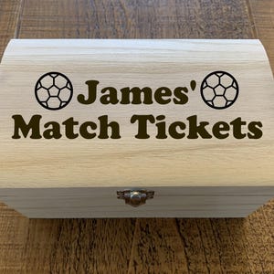 Personalisierte Holzkiste für die Aufbewahrung von Tickets, Geschenkidee, halten Sie sicher, Fußball, Sport, Konzert, Auftritt, Vatertag