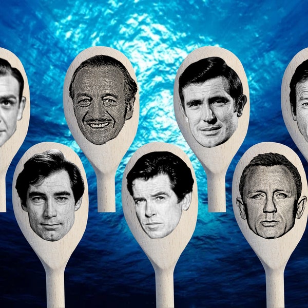 James Bond Faces Engraved on Spoons. Sean Connery, David Niven, George Lazenby, Roger Moore, Timothy Dalton, Pierce Brosnan, Daniel Craig