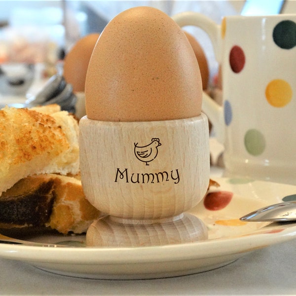 Personalised Wooden Egg Cup Holder - Engraved with a Name (Hen Design). Hard or Soft Boiled Eggs. Gift for Easter, Mothers Day or Birthday