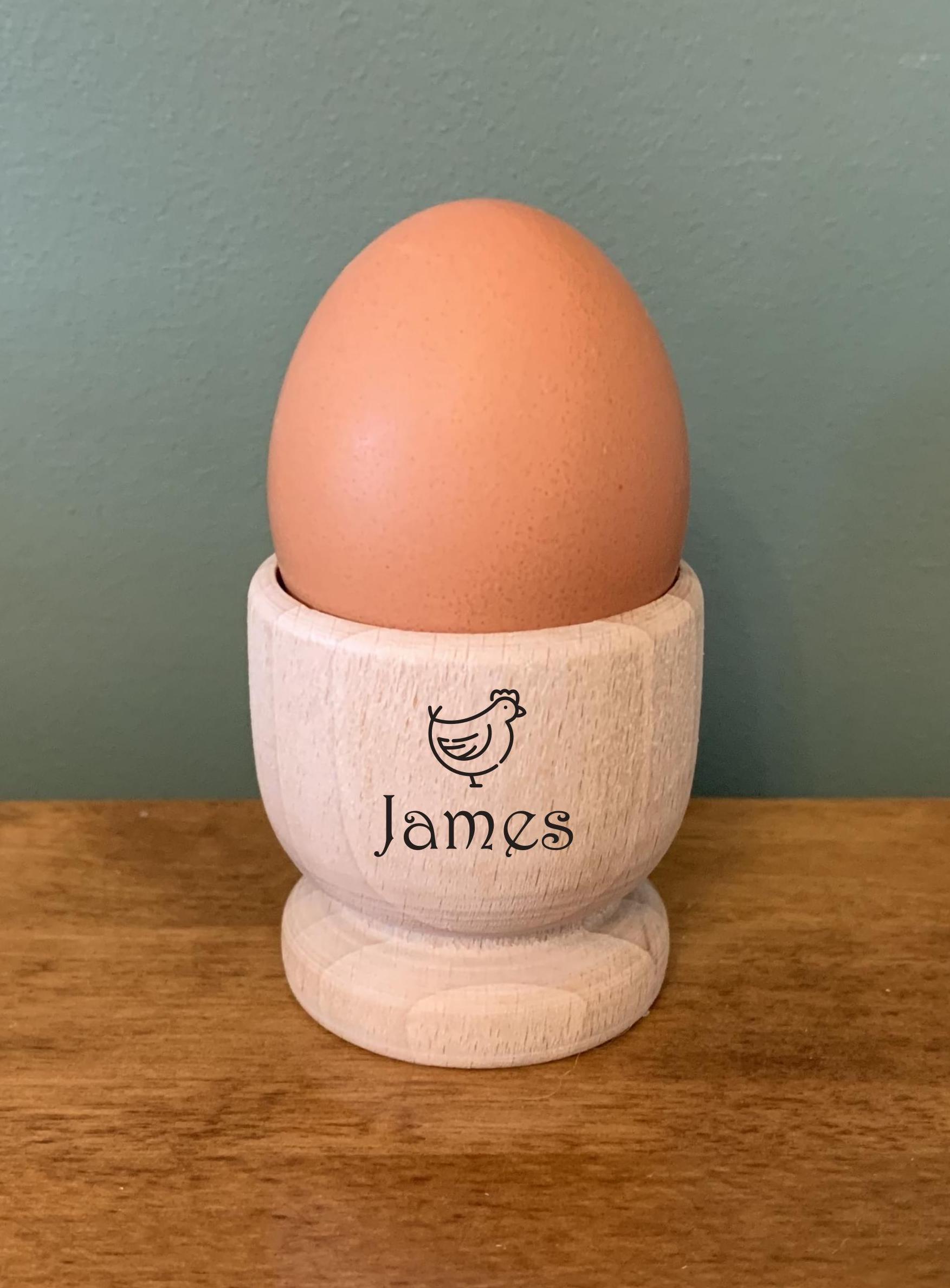 Personalised Wooden Egg Cup Engraved with a Name and Hen. Hard or Soft Boiled Eggs. Birthday, Easter, Christmas, Mother's/ Father's Day Gift