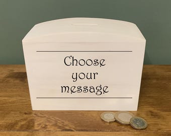 Personalised Wooden Money Box with Custom Message, Engraved Piggy Bank Gift Idea