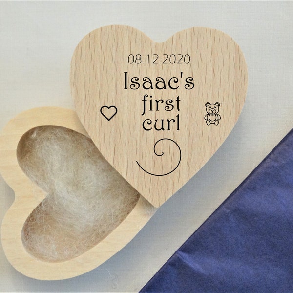 Personalised Childs First Hair Curl Wooden Heart Boxes, Luxury Feel - Engraved with the Name and Date